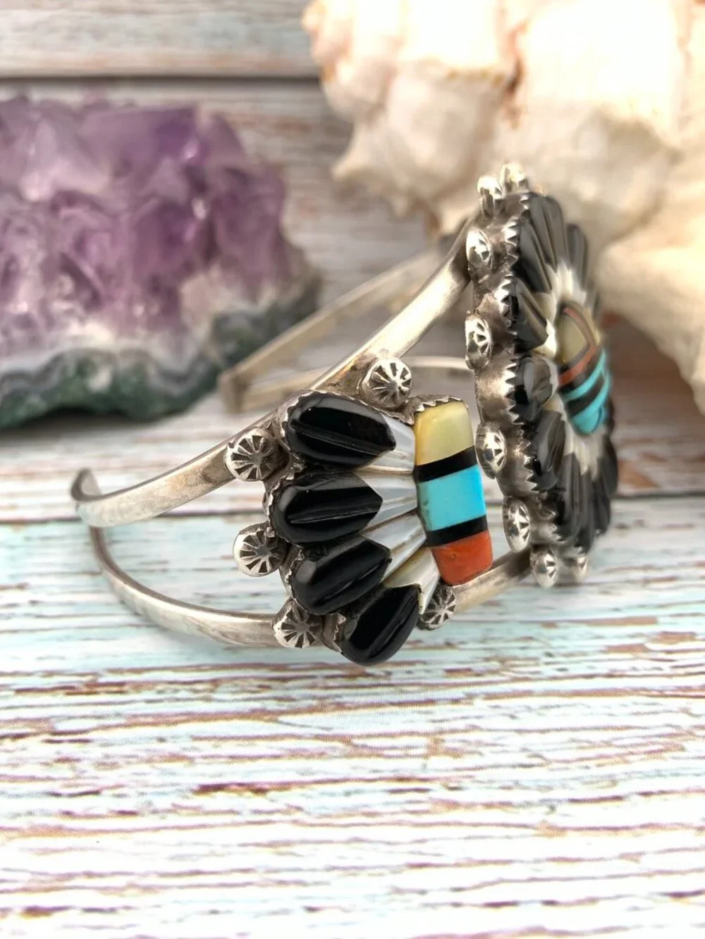 Zuni Sunface Sun Face Gemstone Inlay Cuff Bracelet Southwest Native American